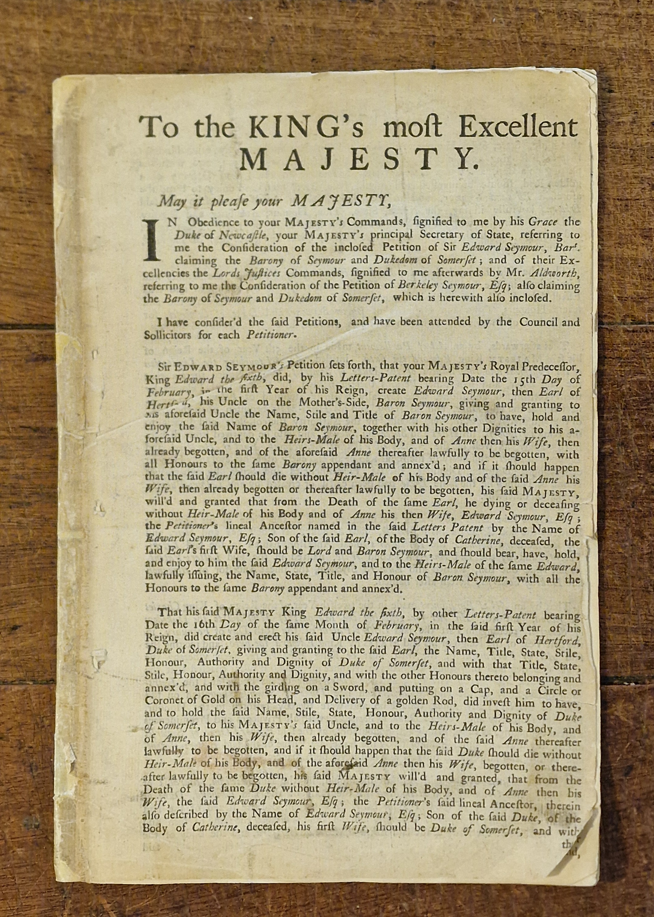 The Attorney General's Report of Sir Edward Seymour's Title to the Dukedom of Somerset.
