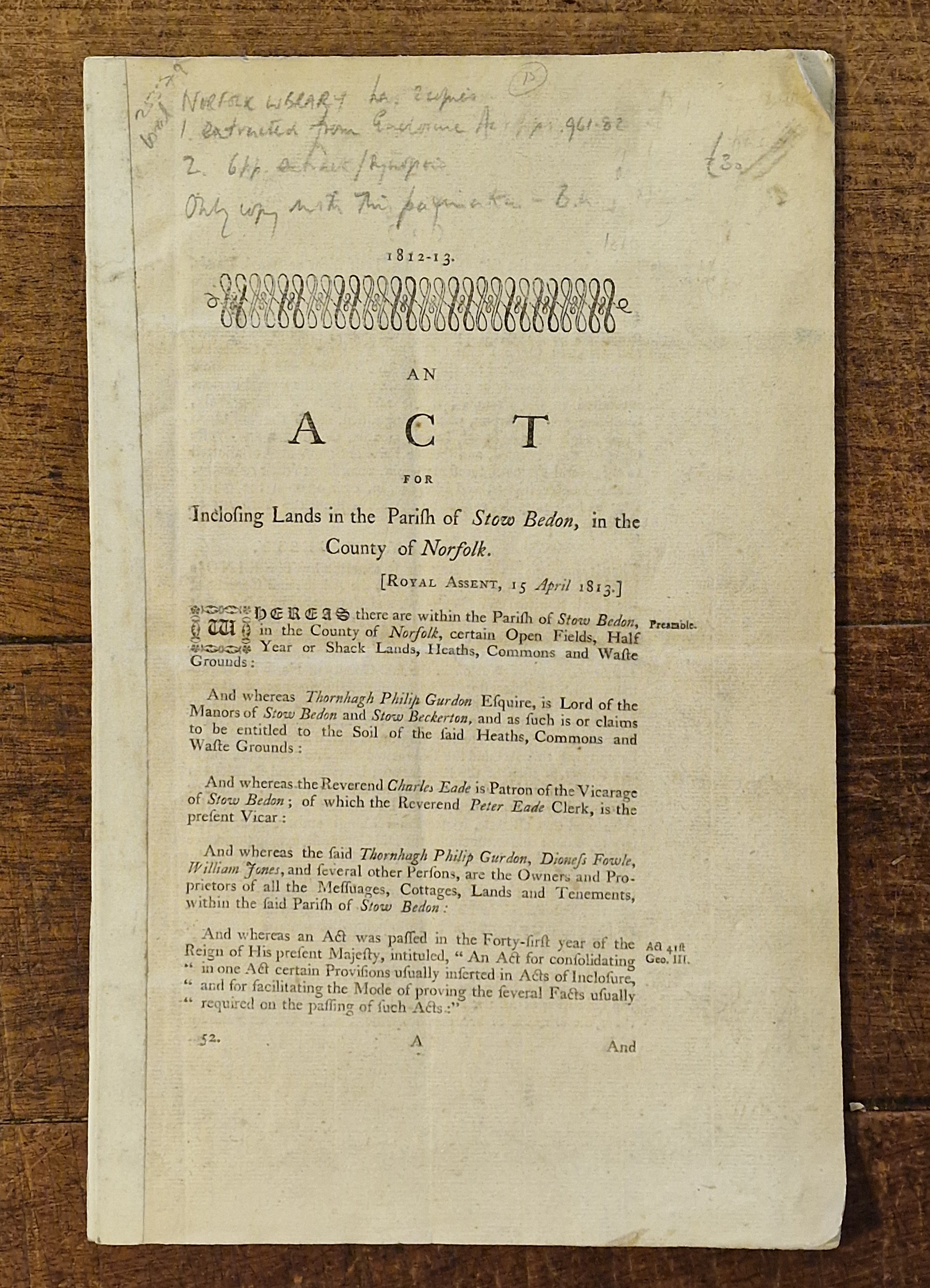 An Act for Inclosing Lands in the Parish of Stow Bedon in the County of Norfolk