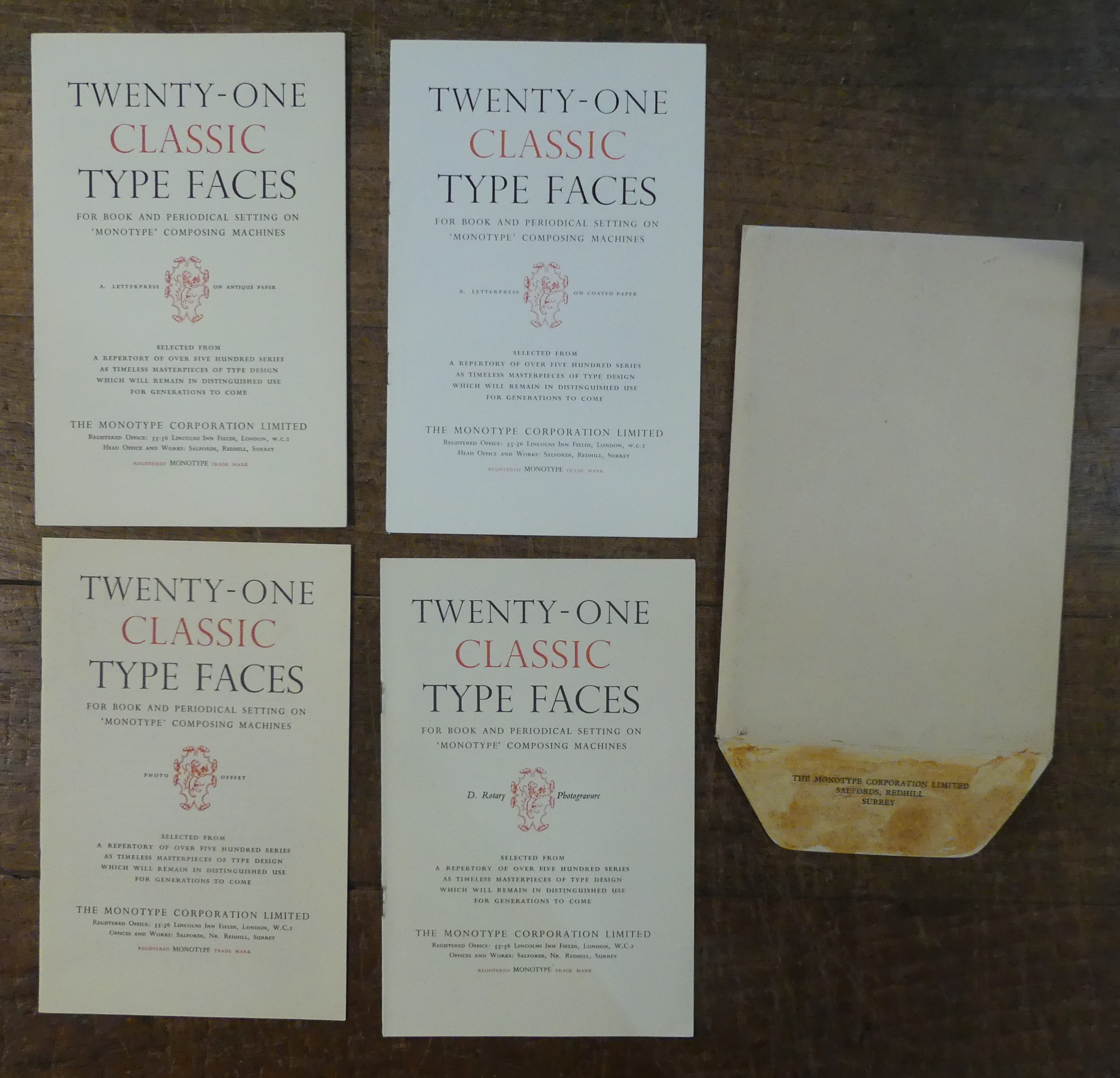 Twenty-One Classic Type Faces for Book and Periodical Setting on 'Monotype' Composing Machines. Editions A to D in Original Monotype Shipping Envelope