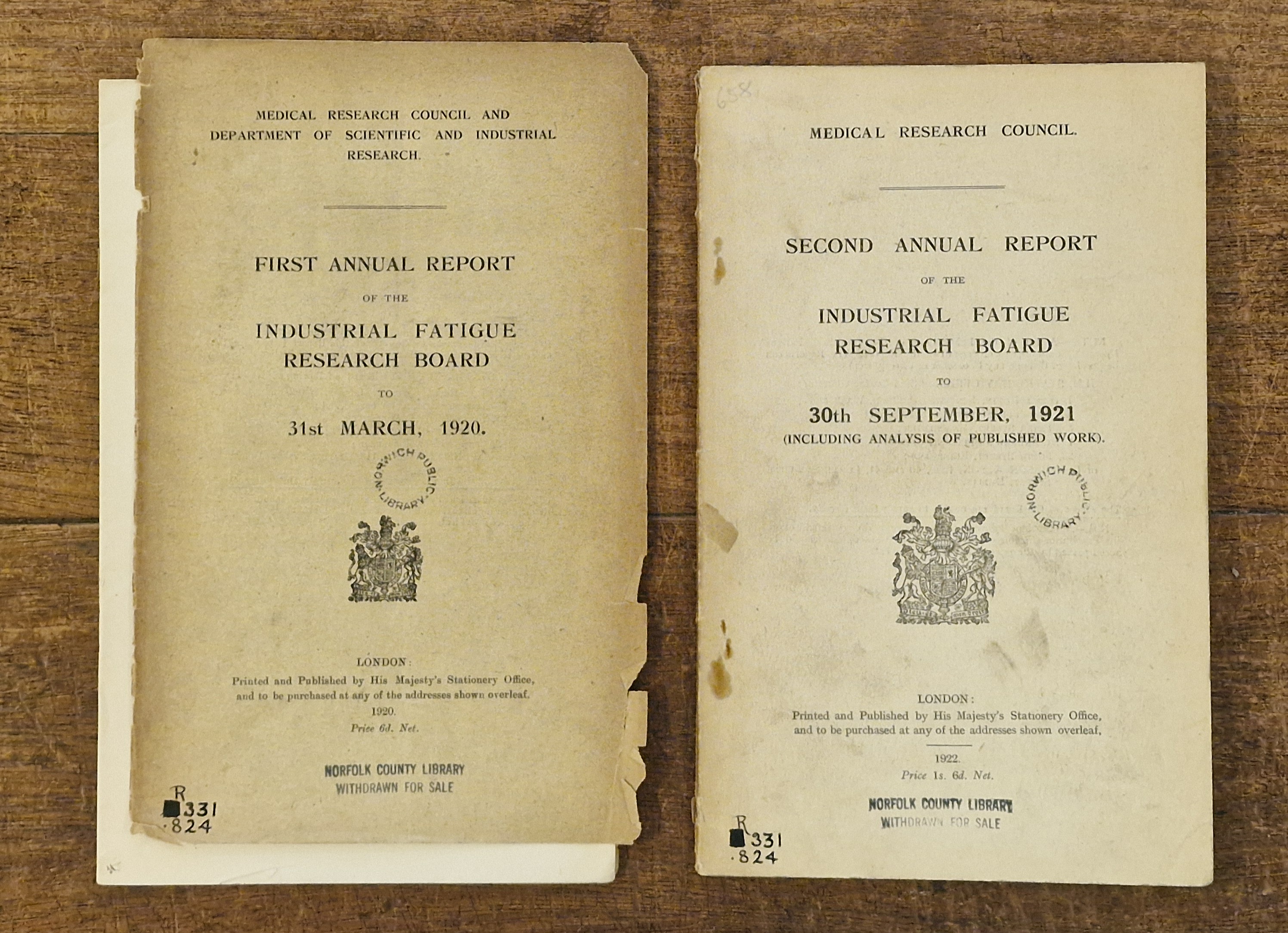 First Annual Report of the Industrial Fatigue Research Board to 31st March, 1920 and Second Annual Report of the Industrial Fatigue Research Board to 30th September, 1921
